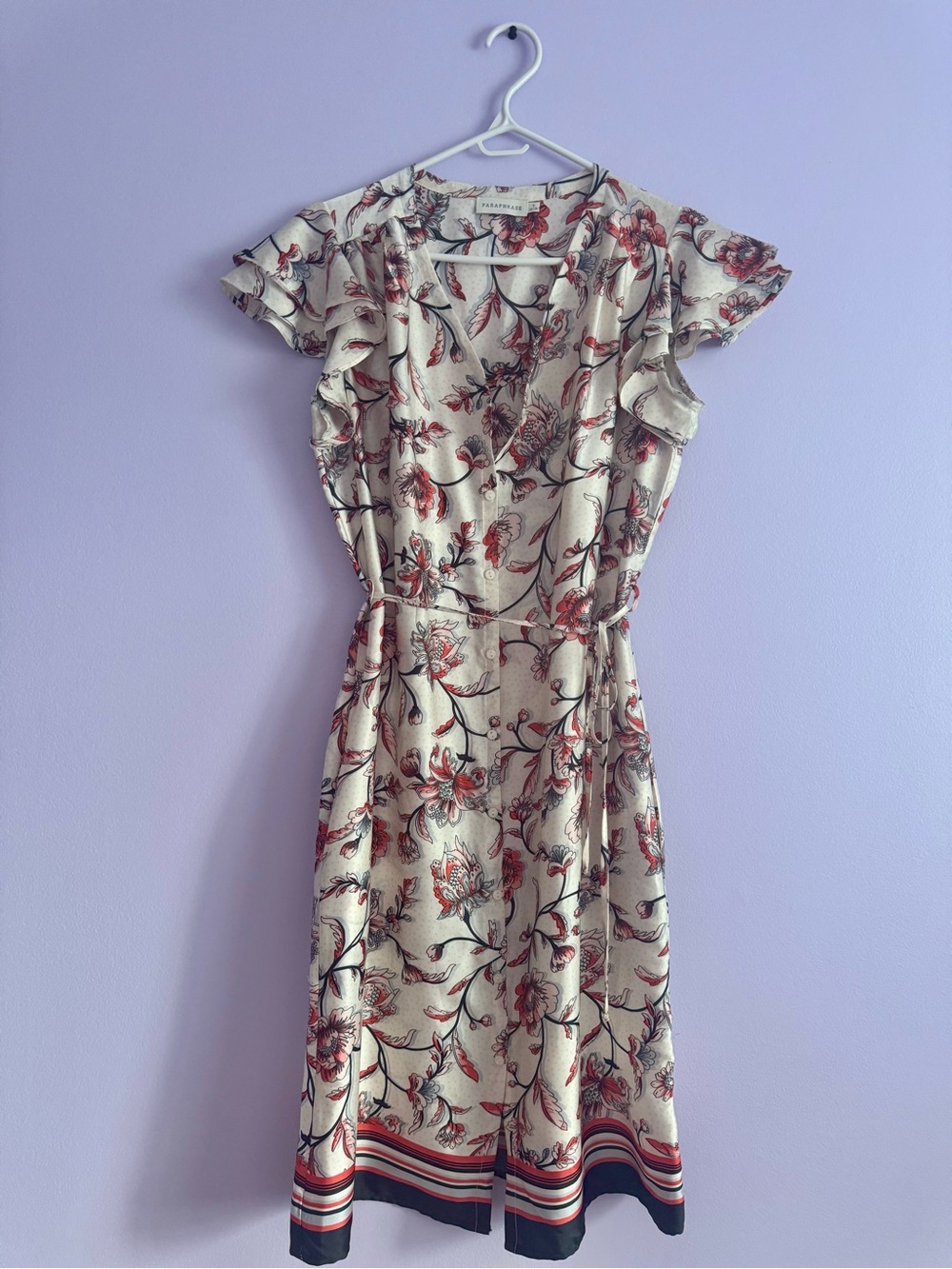 Paraphrase Cream Midi Dress with Red Floral Print